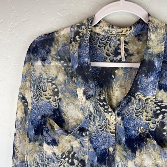 Free People Easy Rider Sheer Chiffon Button Down Blouse Cream and Blue Women's S - Picture 5 of 8